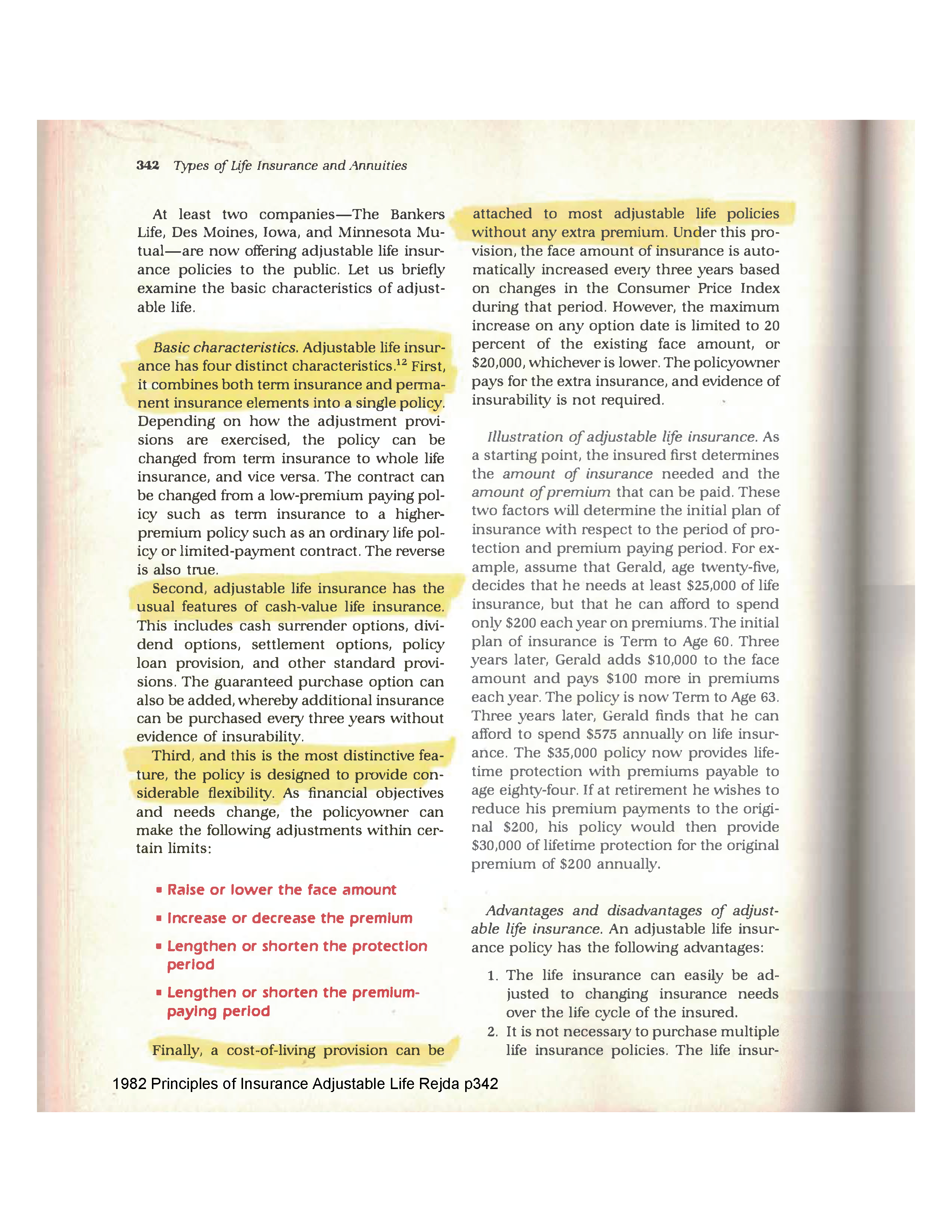 1982 Principles of Insurance Adjustable Life George Rejda p342