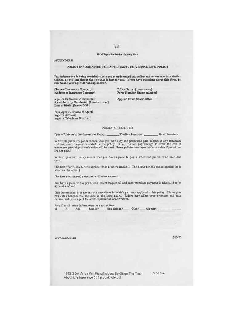 Life Insurance Disclosure Model Regulation - January 1993 - Appendix D